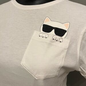 New Karl Lagerfeld Black Embellished Cat Print T-shirt Rolled Sleeve S